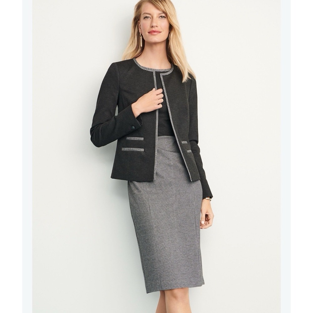 Talbots Set Jacket And Sheath Dress 12P Gray Houndstooth Italian Luxe Knit